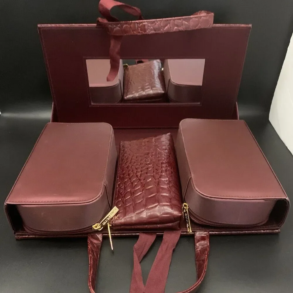 NEW Vintage Estee Lauder Burgundy Hard Makeup Travel Case Alligator Style Trim